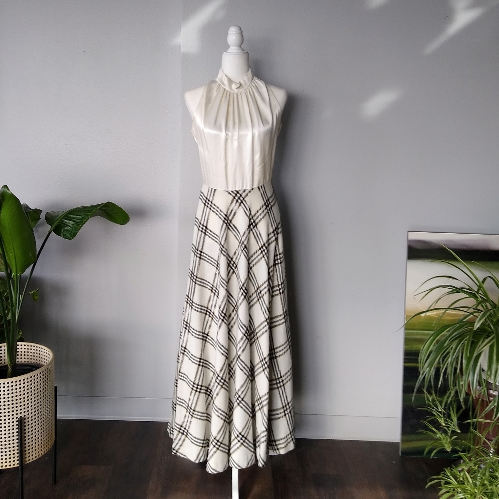 Vintage 1970s Maxi Dress with Satin Charmeuse Bodice & Windowpane Plaid Skirt